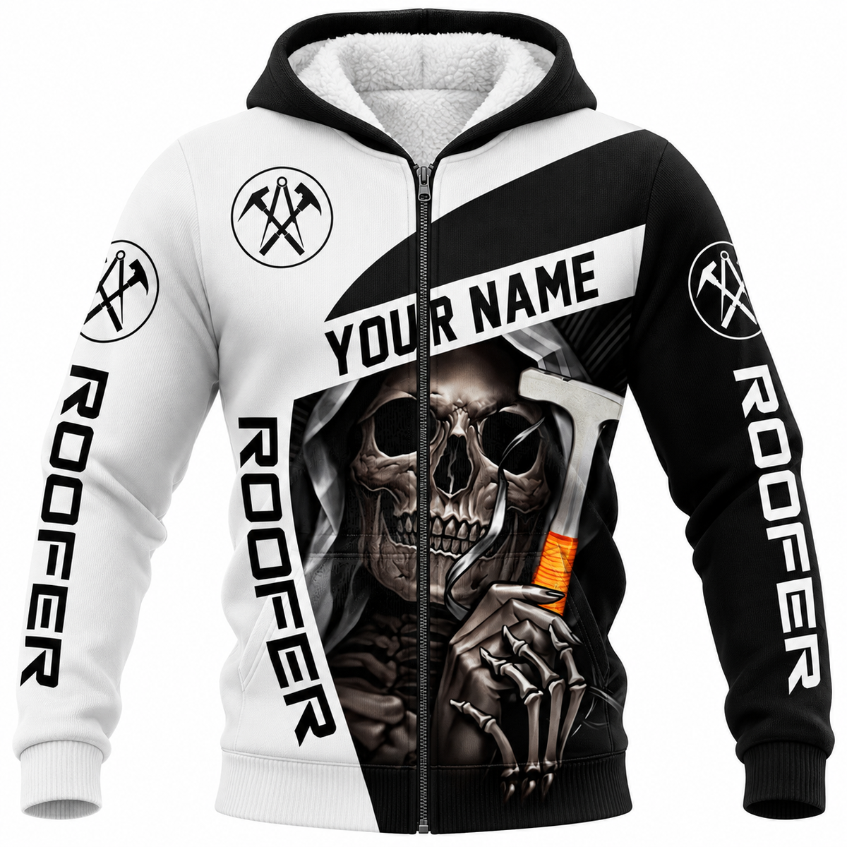 Roofer Fleece Zip Hoodie - Black White Roofer Skull - front view