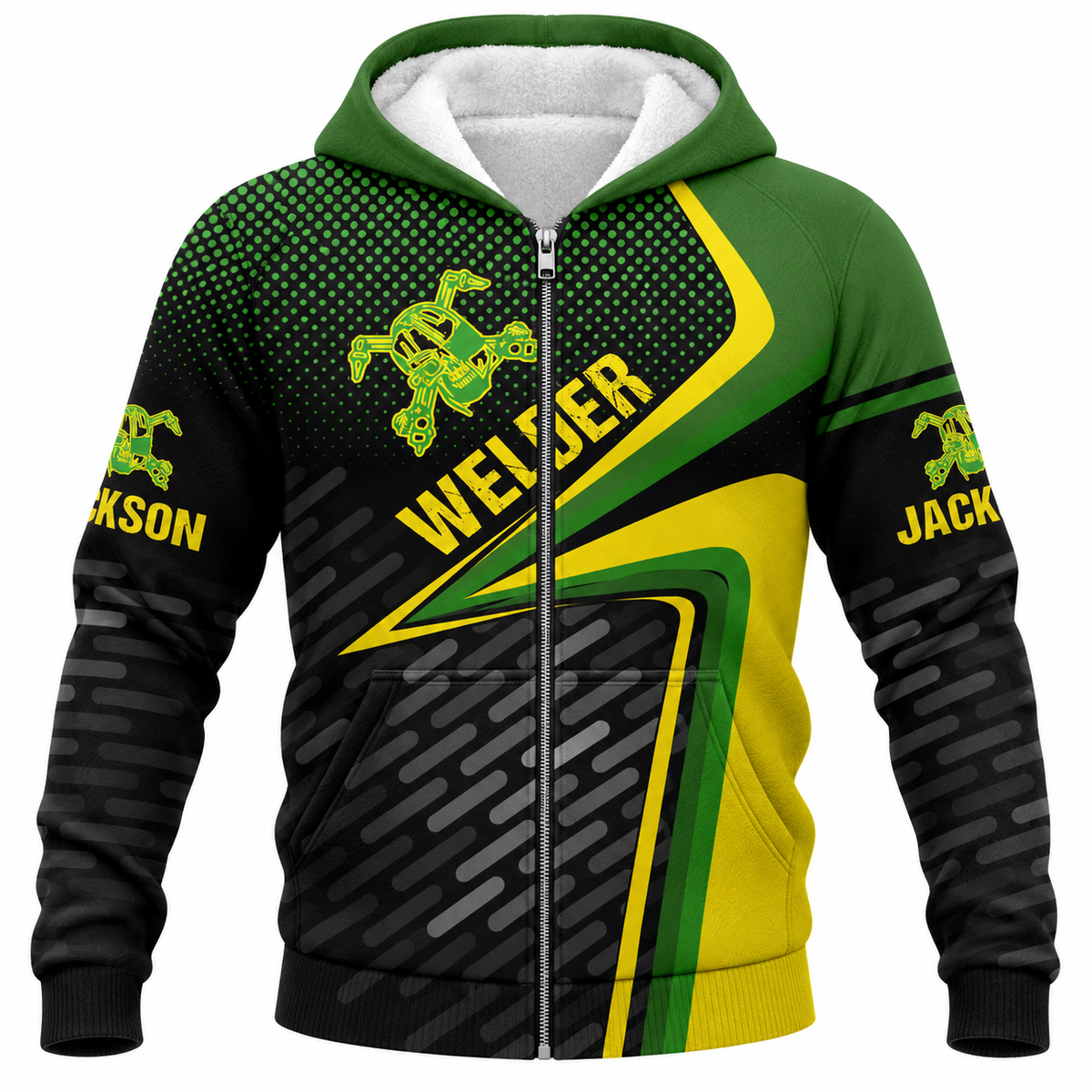 Personalized Welder Hoodie & T-Shirt - Green Yellow Diagonal Welder Badge – Fleece Zip Hoodie, front view