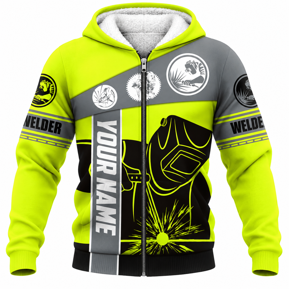 Personalized Welder Hoodie & T-Shirt - Neon Yellow Welding Helmet – Fleece Zip Hoodie, front view