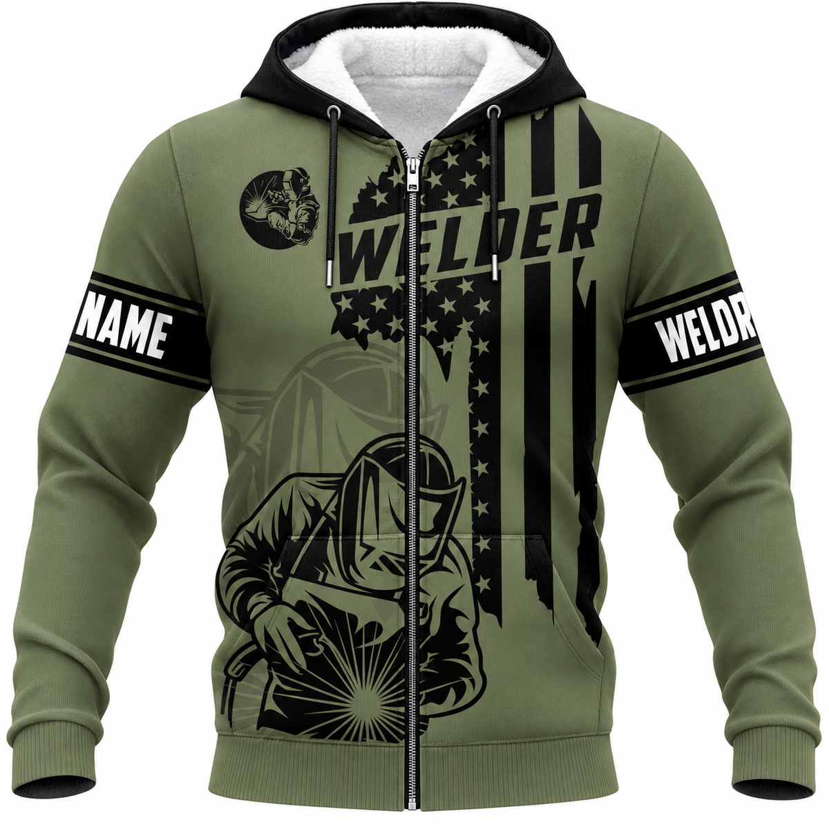 Personalized Welder Hoodie & T-Shirt - Olive Green American Flag Welder – Fleece Zip Hoodie, front view
