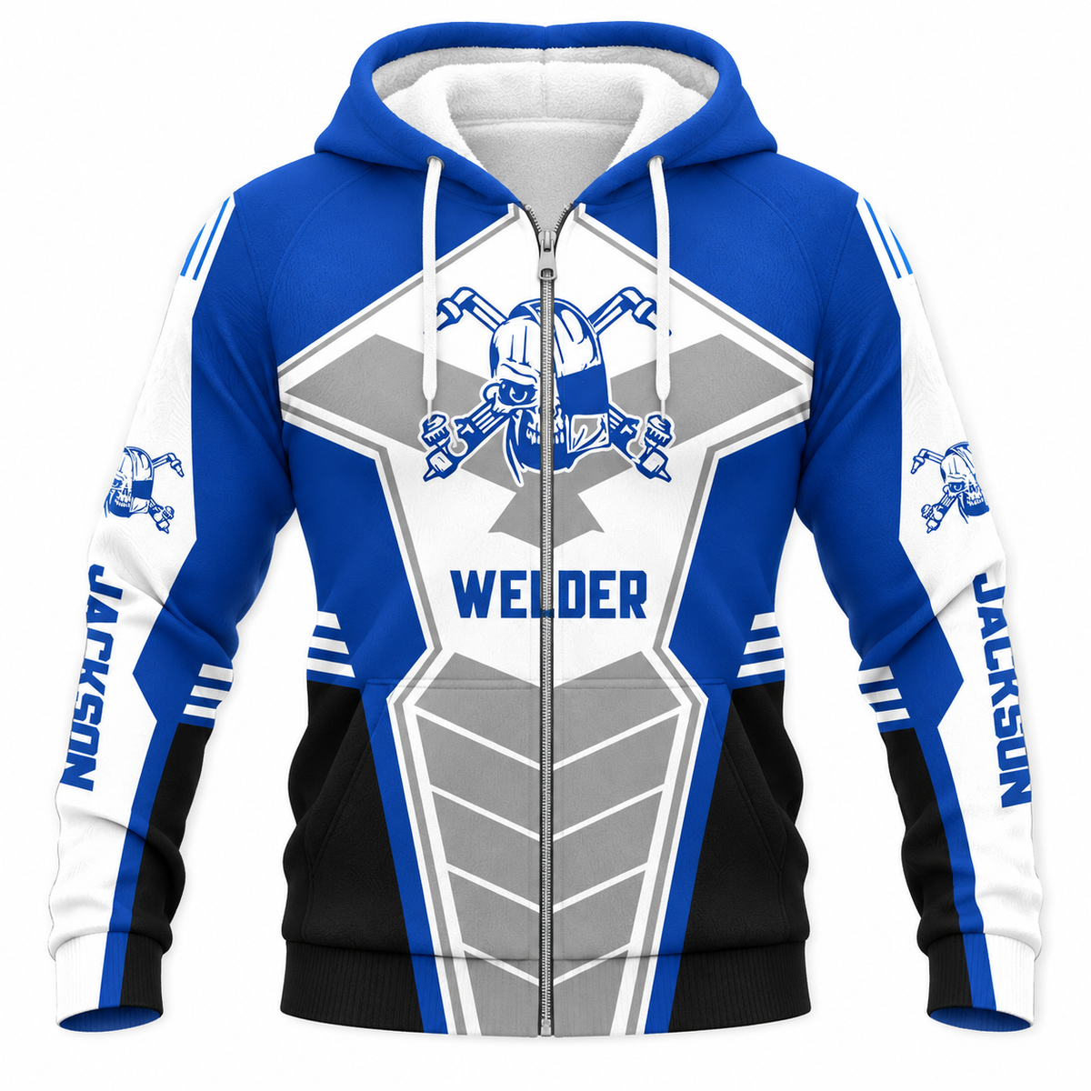 Personalized Welder Hoodie & T-Shirt - Blue White Welding Badge – Fleece Zip Hoodie, front view