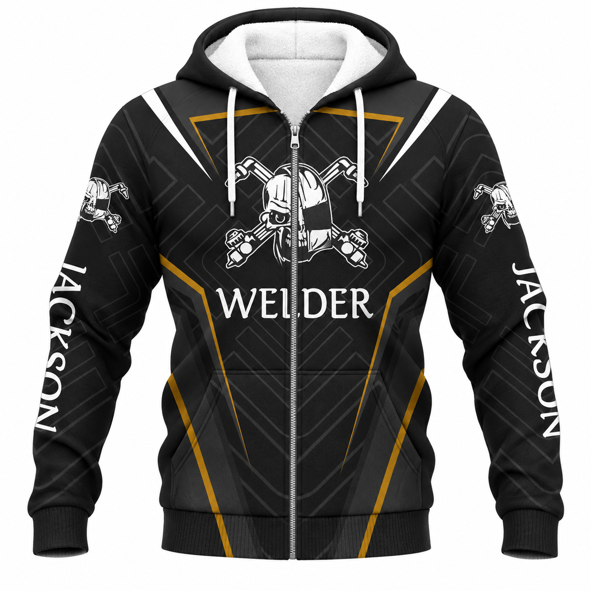 Personalized Welder Hoodie & T-Shirt - Black White Gold Welder Badge – Fleece Zip Hoodie, front view