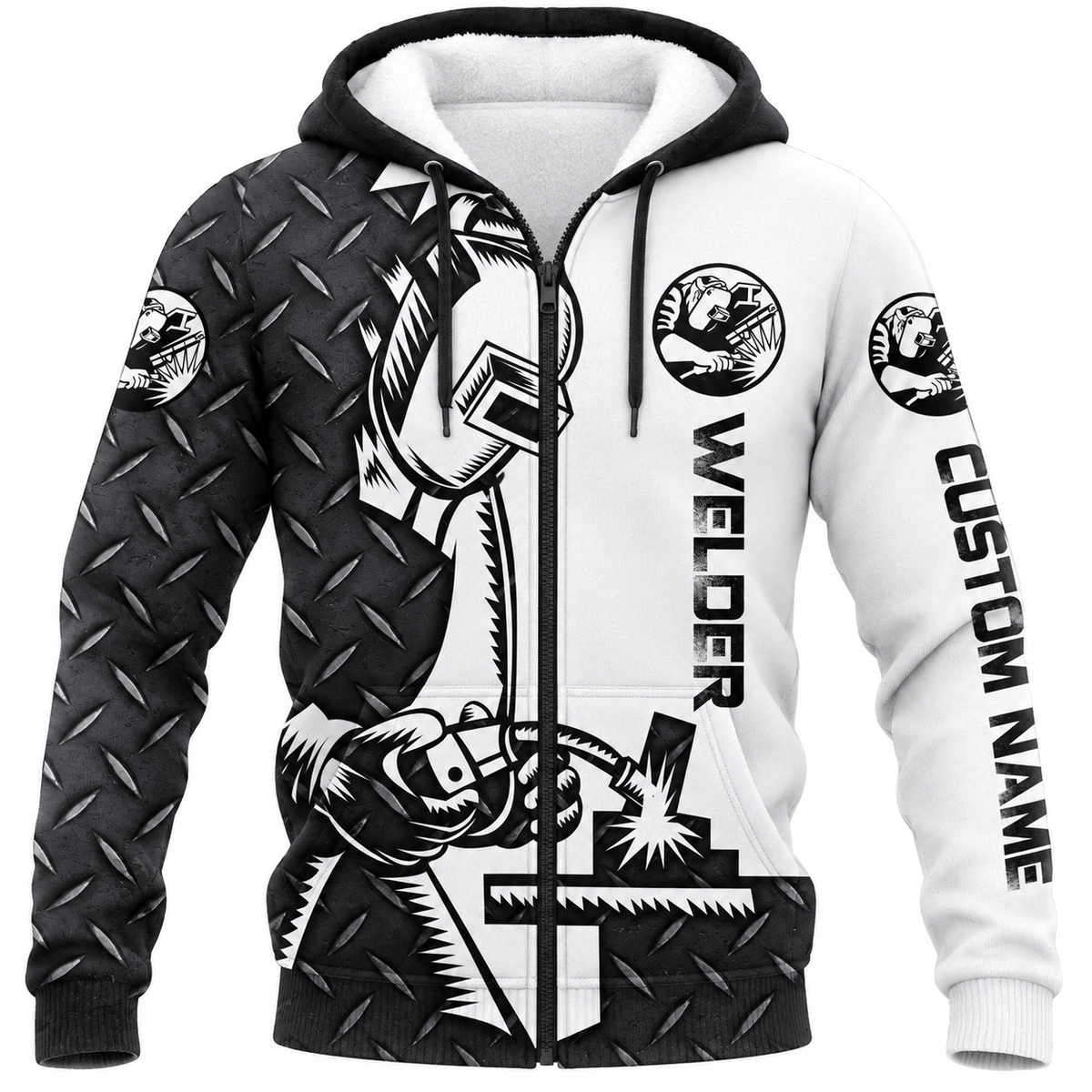 Personalized Welder Hoodie & T-Shirt - Black White Diamond Plate Welding Tools – Fleece Zip Hoodie, front view
