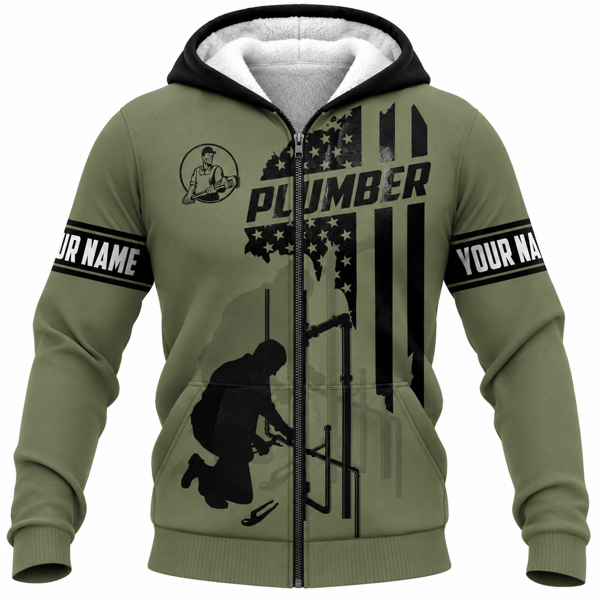 Personalized Plumber Hoodie & T-Shirt - Olive Green American Flag Plumber – Fleece Zip Hoodie, front view