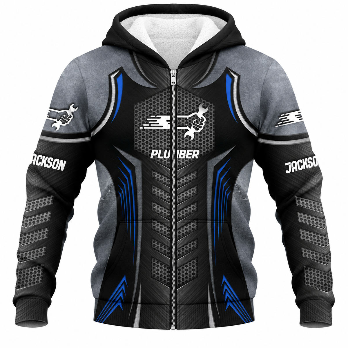Personalized Plumber Hoodie & T-Shirt - Black Blue Plumbing Armour Print – Fleece Zip Hoodie, front view