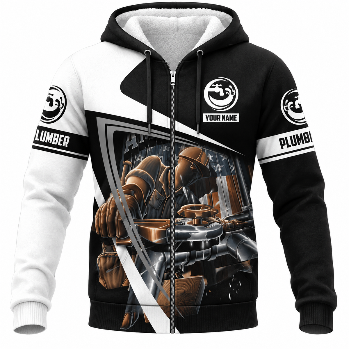 Personalized Plumber Hoodie & T-Shirt - Black White Plumber At Work – Fleece Zip Hoodie, front view