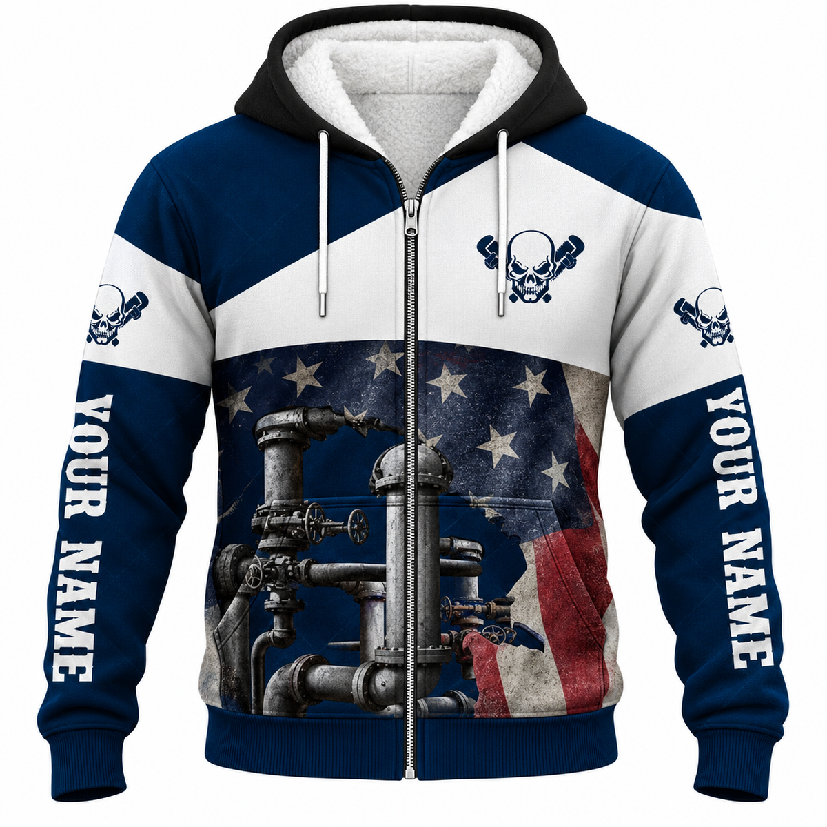 Personalized Plumber Hoodie & T-Shirt - Navy White American Flag Pipework – Fleece Zip Hoodie, front view