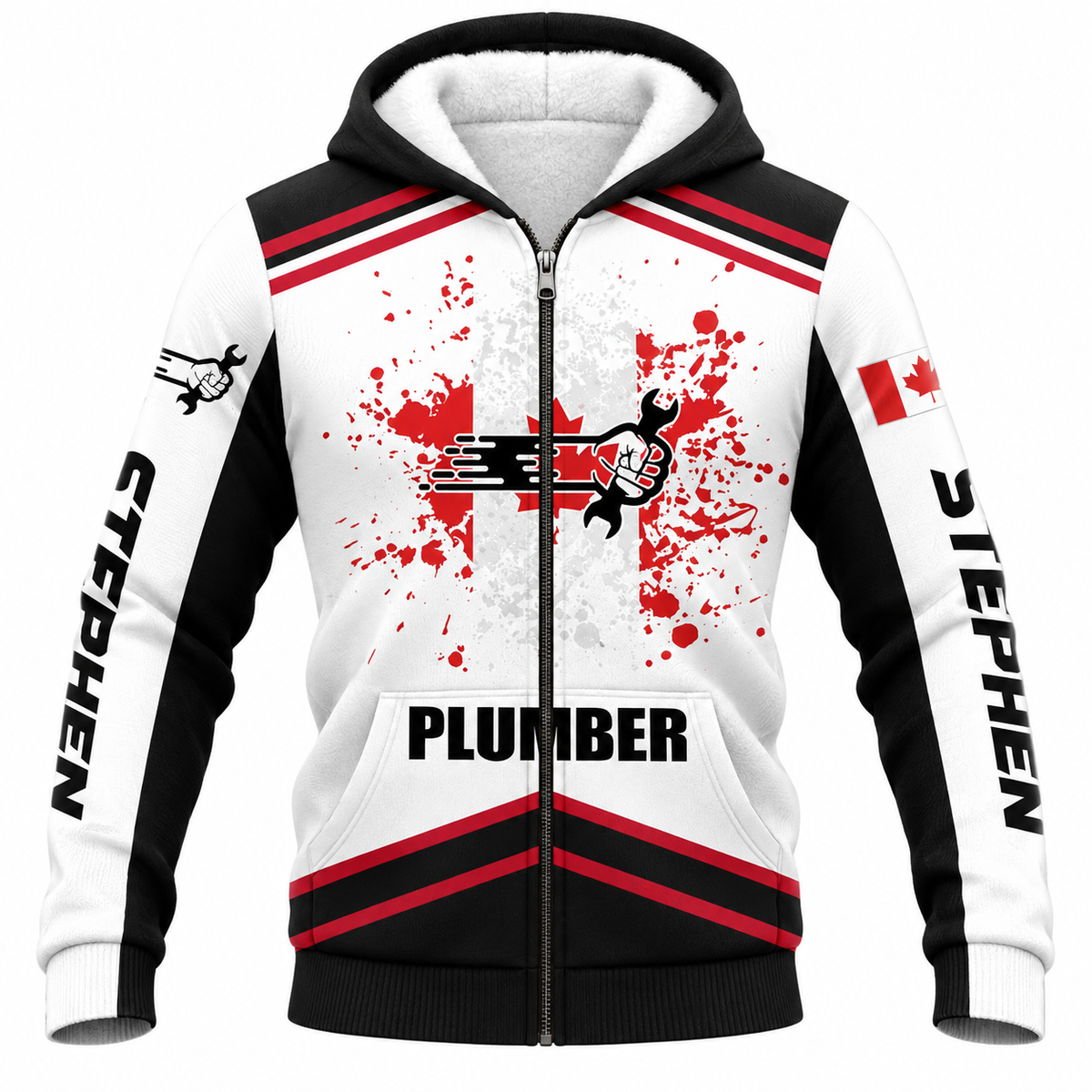 Personalized Plumber Hoodie & T-Shirt - White Red Canadian Maple Leaf – Fleece Zip Hoodie, front view
