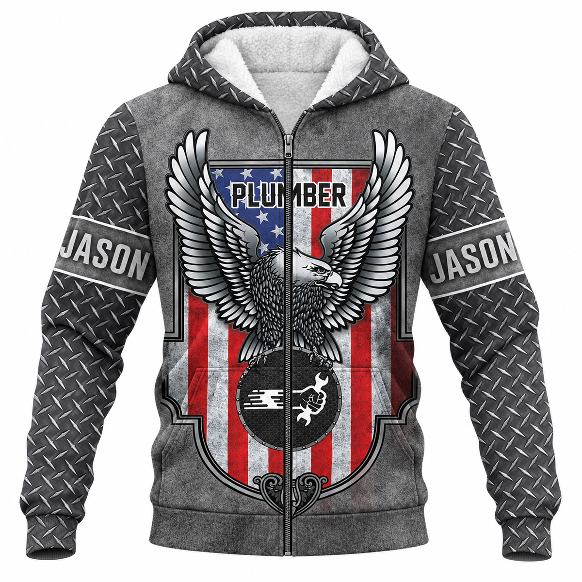 Personalized Plumber Hoodie & T-Shirt - Grey American Eagle Shield – Fleece Zip Hoodie, front view
