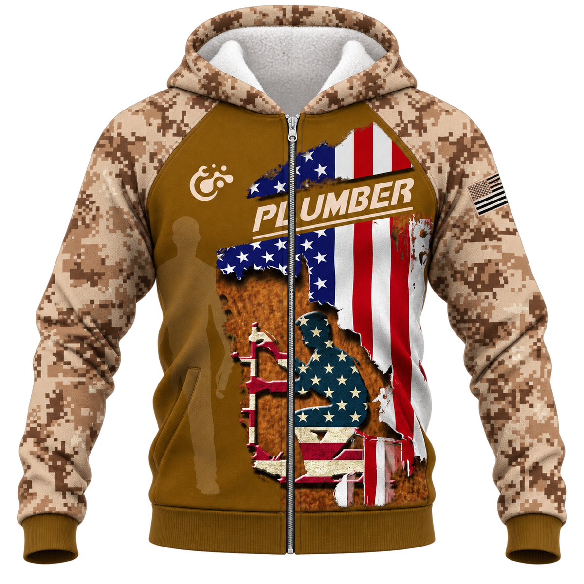Personalized Plumber Hoodie & T-Shirt - Tan Camouflage American Flag Plumber – Fleece Zip Hoodie, front view