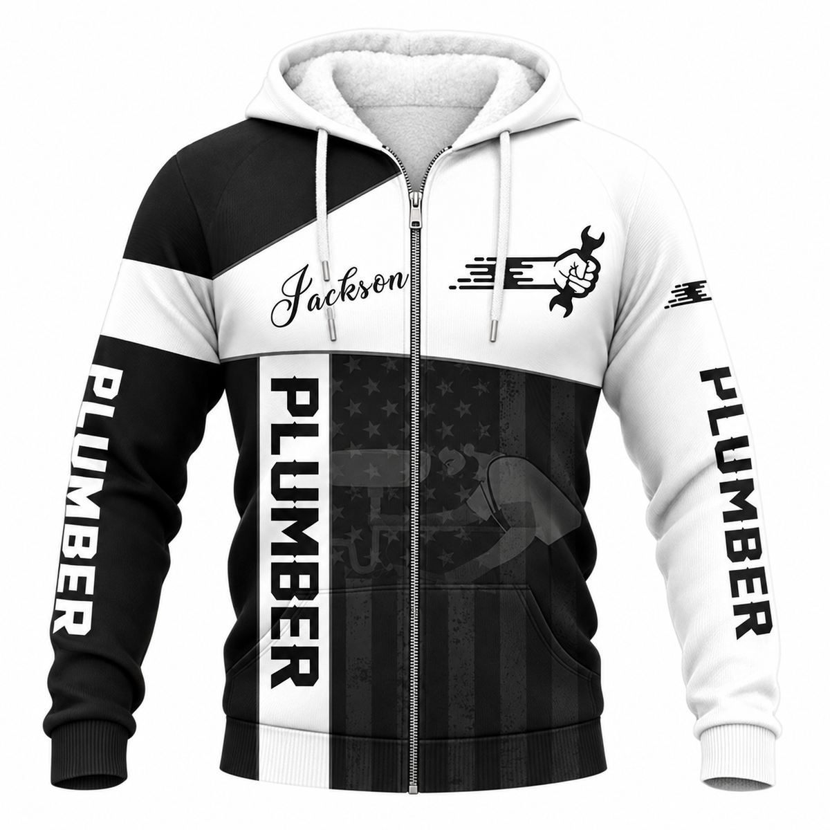 Personalized Plumber Hoodie & T-Shirt - Black White Plumbing Tools – Fleece Zip Hoodie, front view