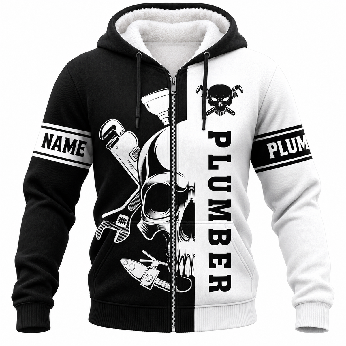 Personalized Plumber Hoodie & T-Shirt - Black White Plumber Skull – Fleece Zip Hoodie, front view