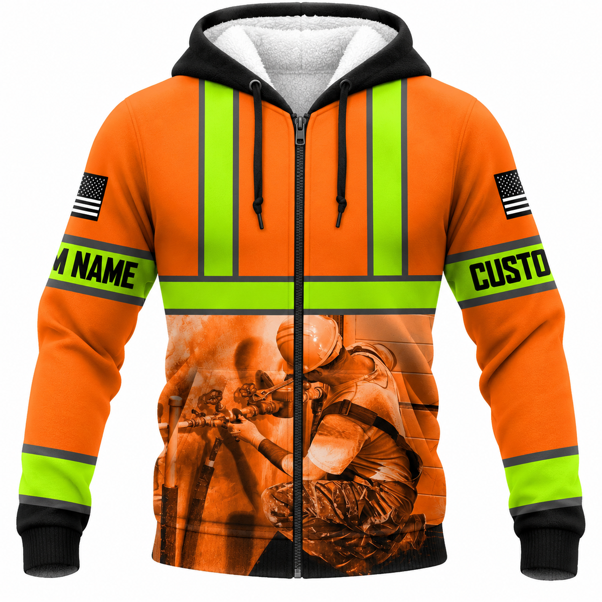 Personalized Plumber Hoodie & T-Shirt - Orange Stripe Print Plumber Illustration – Fleece Zip Hoodie, front view