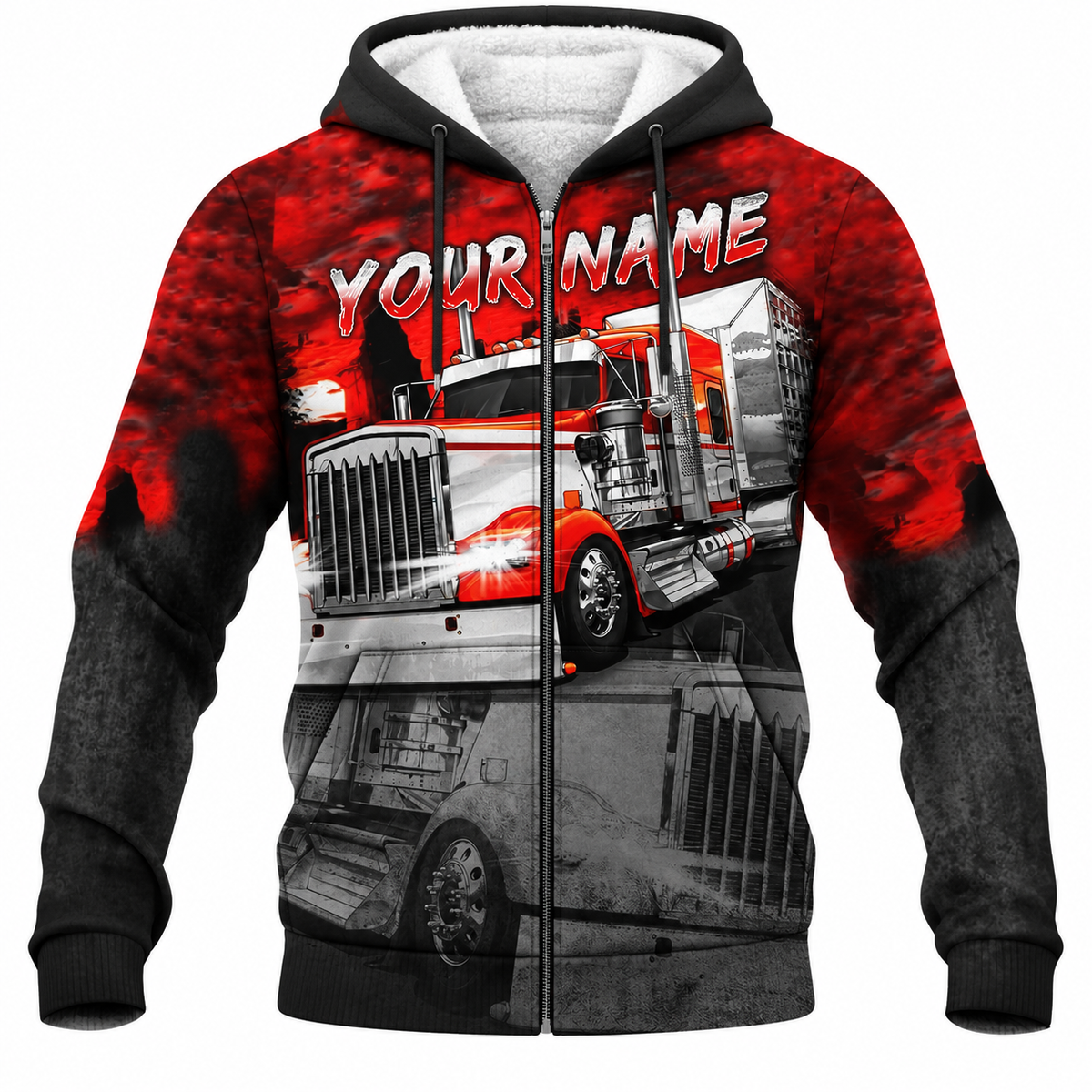 Personalized Trucker Hoodie & T-Shirt - Red Black Semi Truck – Fleece Zip Hoodie, front view