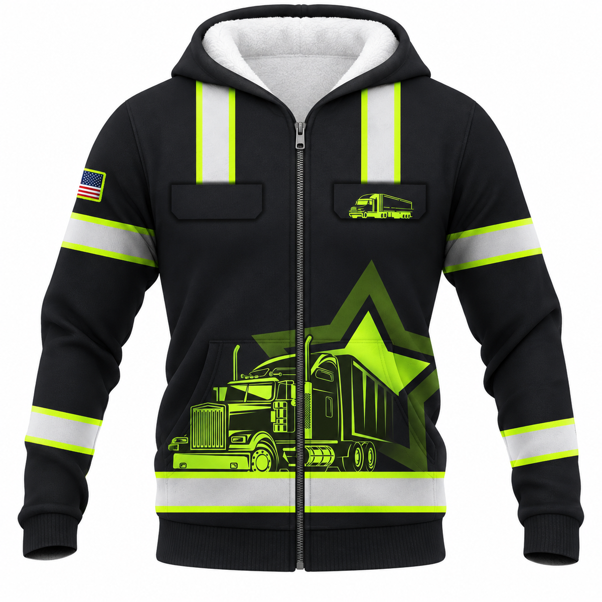 Personalized Trucker Hoodie & T-Shirt - Black Yellow Stripe Dump Truck – Fleece Zip Hoodie, front view