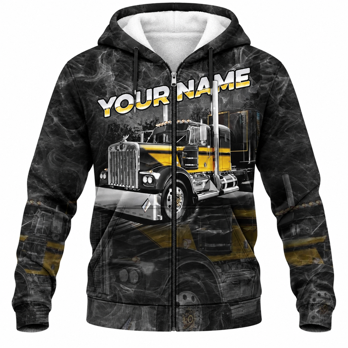 Personalized Trucker Hoodie & T-Shirt - Black Grey Semi Truck Illustration – Fleece Zip Hoodie, front view