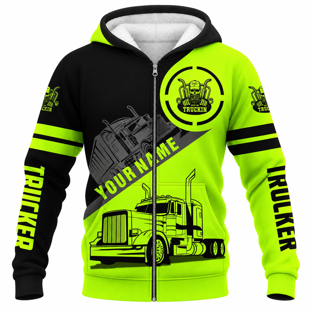 Personalized Trucker Hoodie & T-Shirt - Black Neon Yellow Trucker Badge – Fleece Zip Hoodie, front view