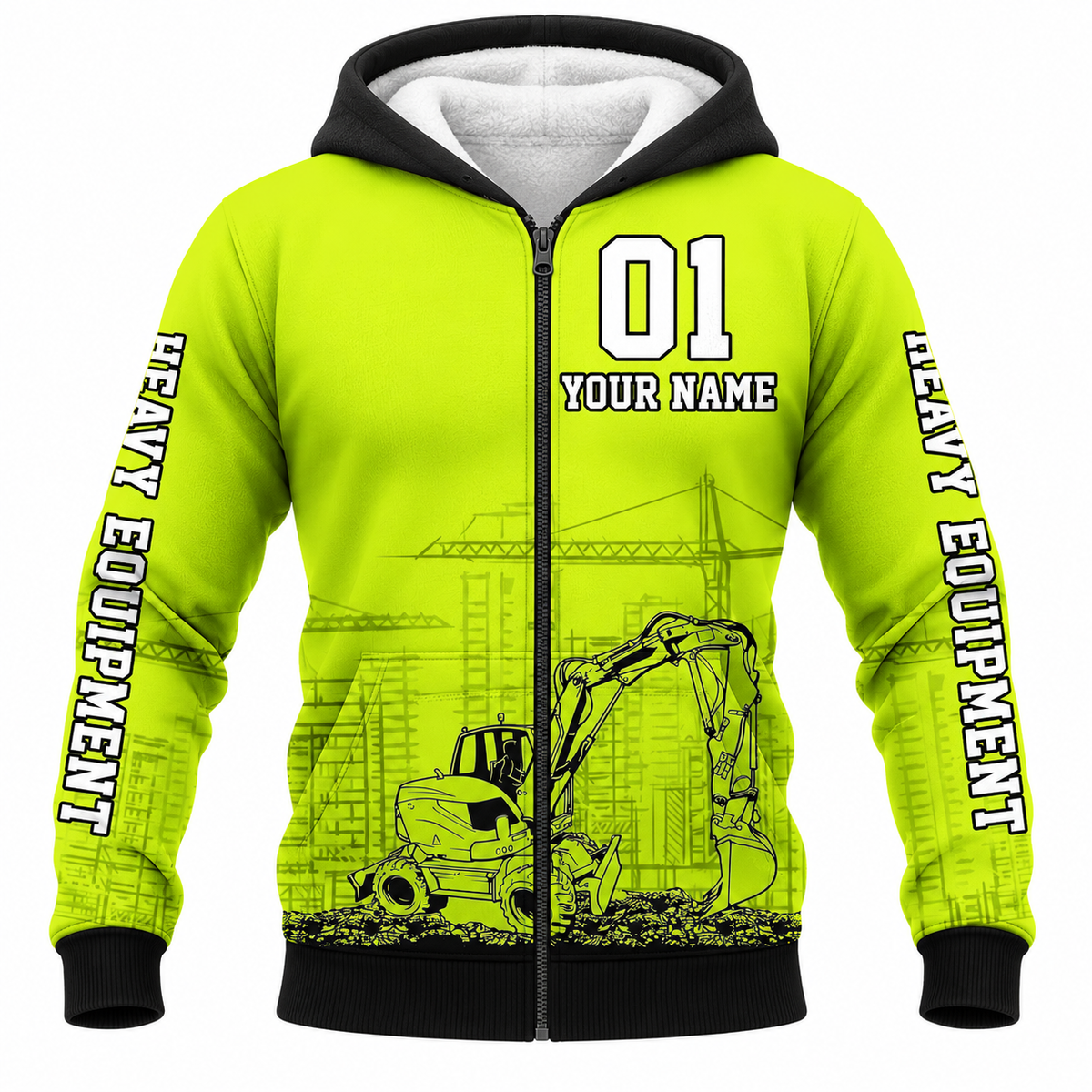 Personalized Excavator Operator Hoodie & T-Shirt - Yellow Number 01 Excavator – Fleece Zip Hoodie, front view