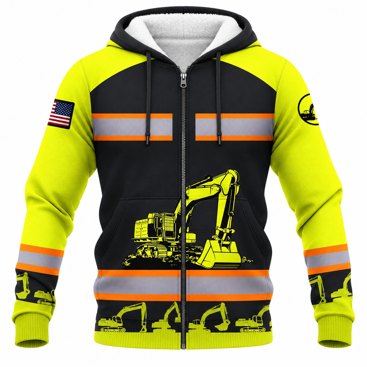 Personalized Excavator Operator Hoodie & T-Shirt - Yellow Excavator Stripe Print – Fleece Zip Hoodie, front view