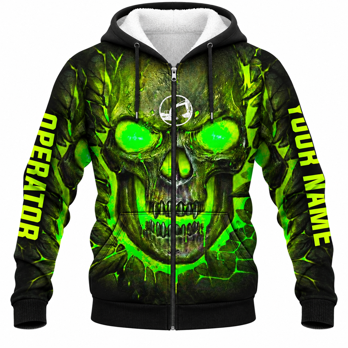 Personalized Excavator Operator Hoodie & T-Shirt - Green Skull Print – Fleece Zip Hoodie, front view