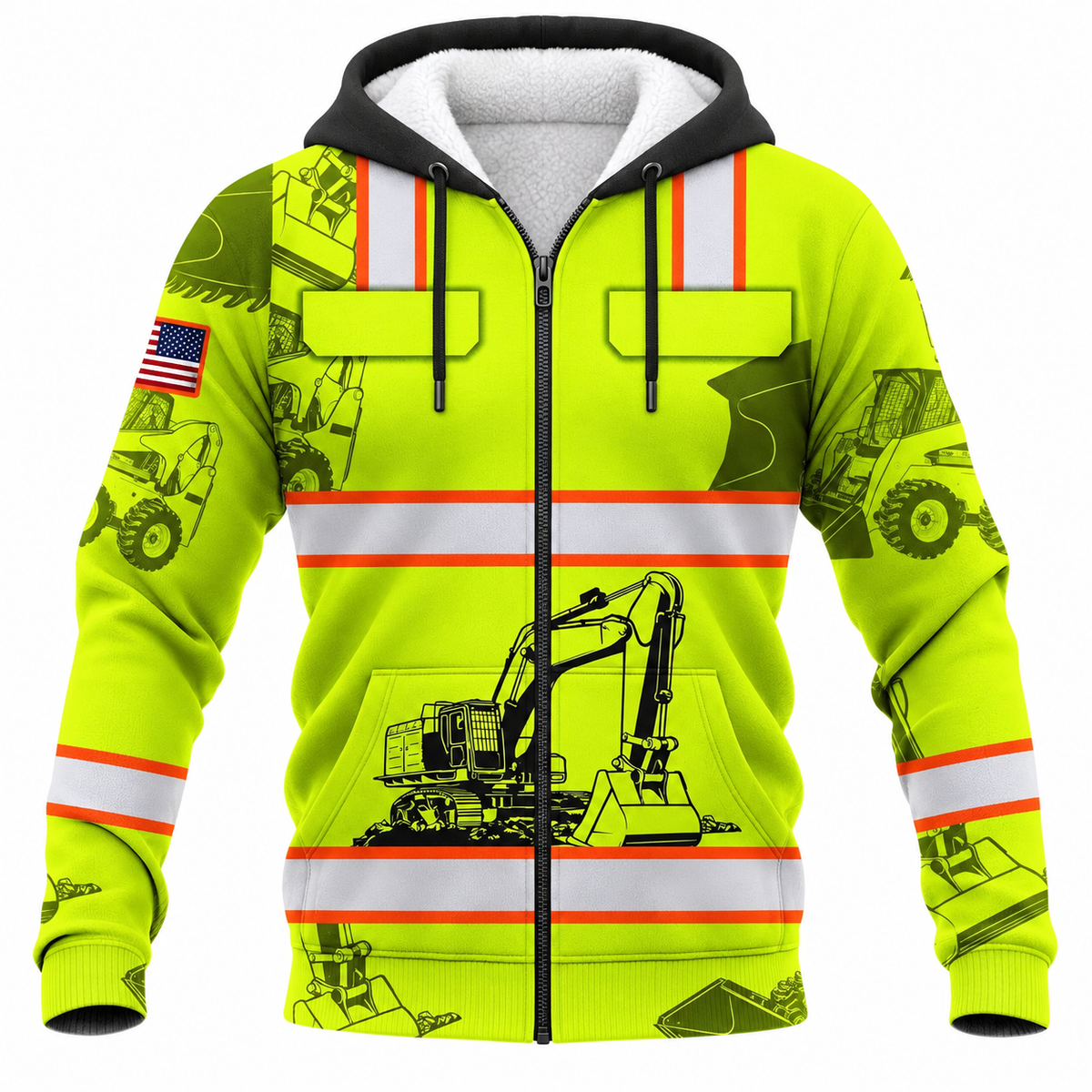 Personalized Excavator Operator Hoodie & T-Shirt - Yellow Excavator Vest Print – Fleece Zip Hoodie, front view