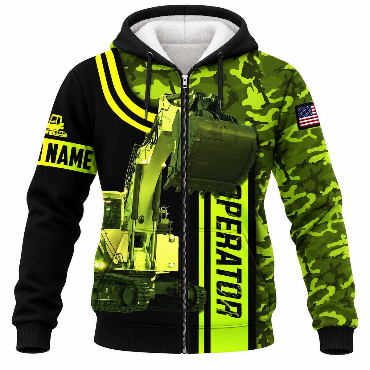 Personalized Excavator Operator Hoodie & T-Shirt - Green Camo Excavator Bucket – Fleece Zip Hoodie, front view
