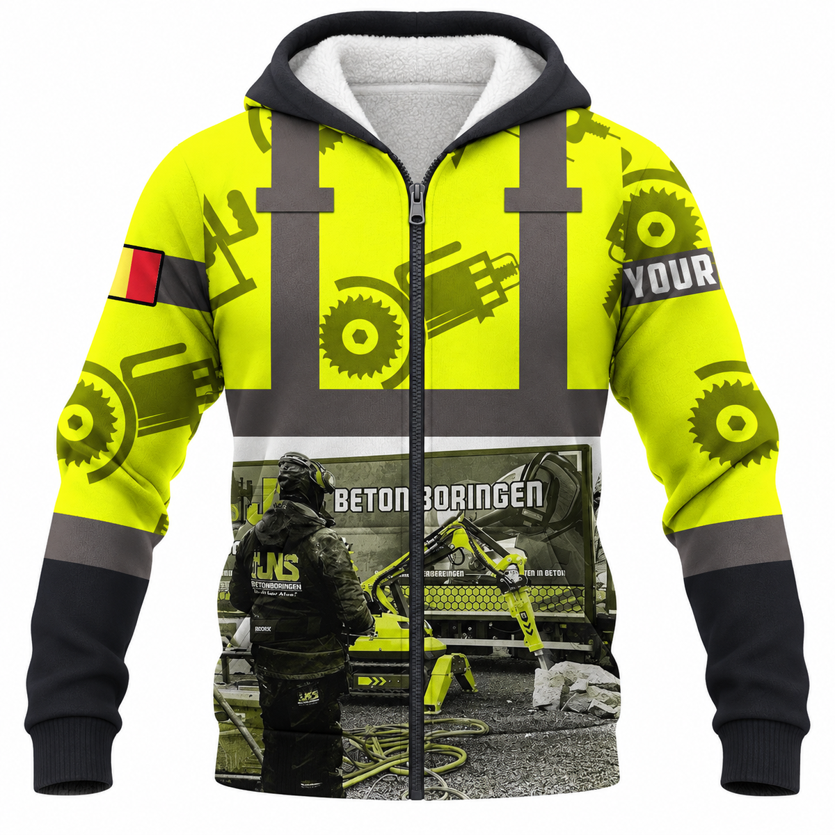 Personalized Concrete Cutter Hoodie & T-Shirt - Yellow Gear Print Heavy Equipment – Fleece Zip Hoodie, front view