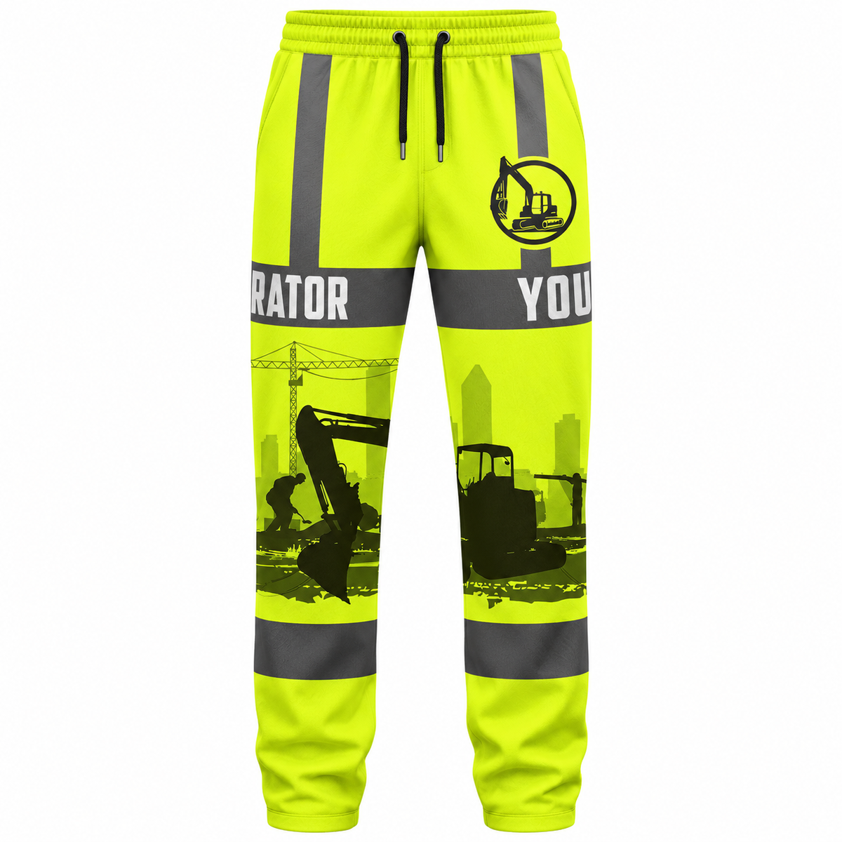 Personalized Excavator Operator Hoodie & T-Shirt - Yellow Grey Stripe Excavator Silhouette – Long Pants, front view