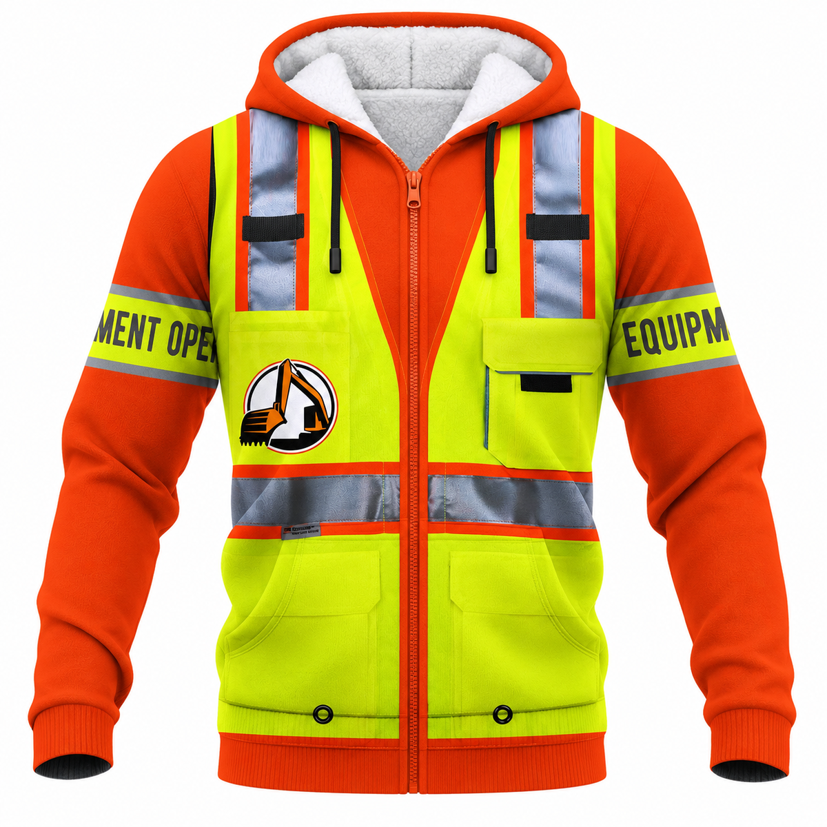 Personalized Excavator Operator Hoodie & T-Shirt - Yellow Vest Print Orange Sleeves – Fleece Zip Hoodie, front view