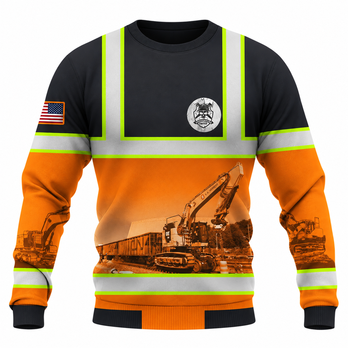 Personalized Excavator Operator Hoodie & T-Shirt - Black Orange Excavator Work Scene – Sweatshirt, front view