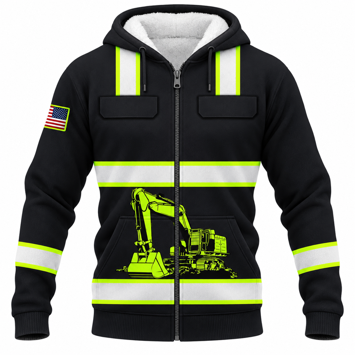 Personalized Excavator Operator Hoodie & T-Shirt - Black Yellow Stripe Excavator – Fleece Zip Hoodie, front view