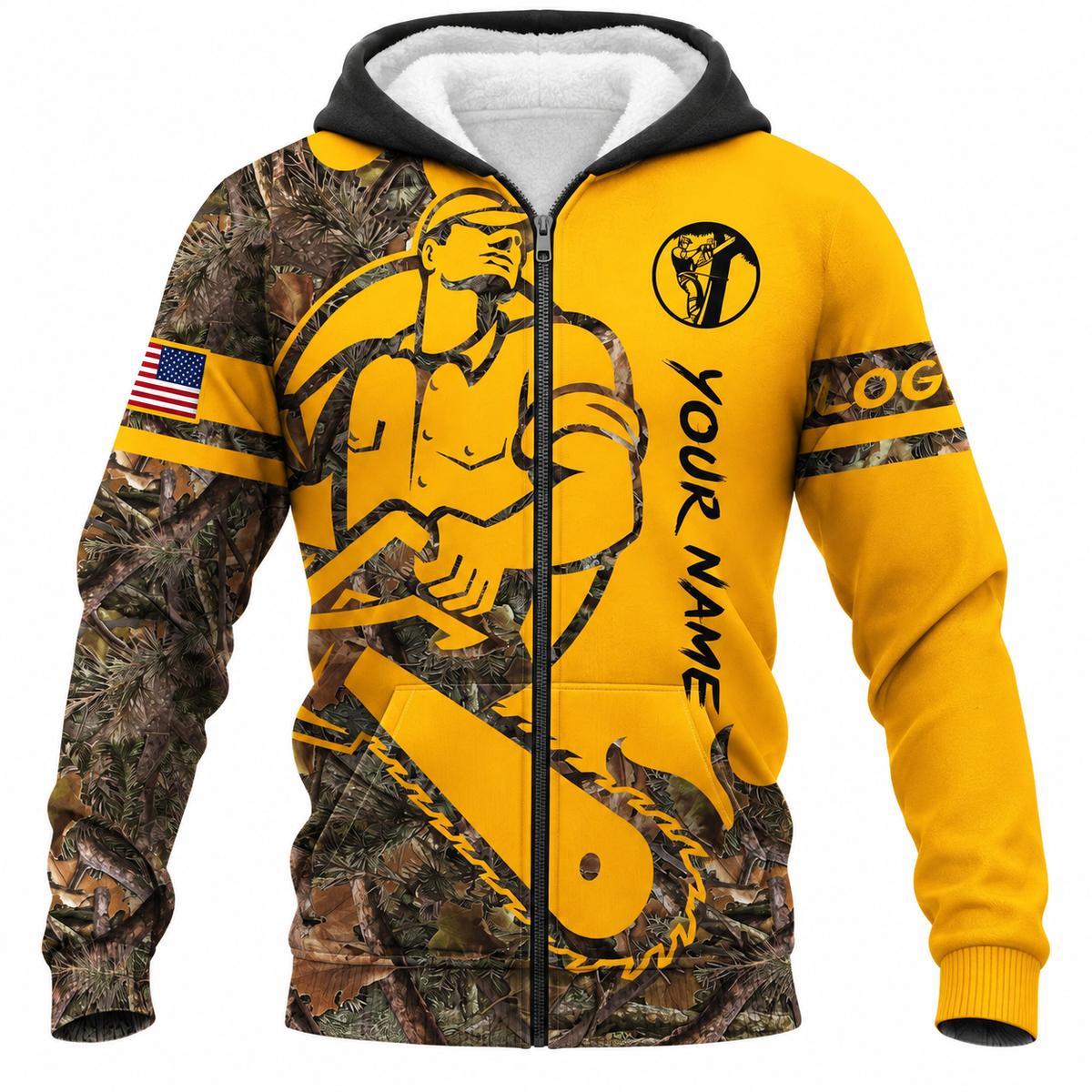 Personalized Logger Hoodie & T-Shirt - Yellow Cartoon Lumberjack Chainsaw – Fleece Zip Hoodie, front view