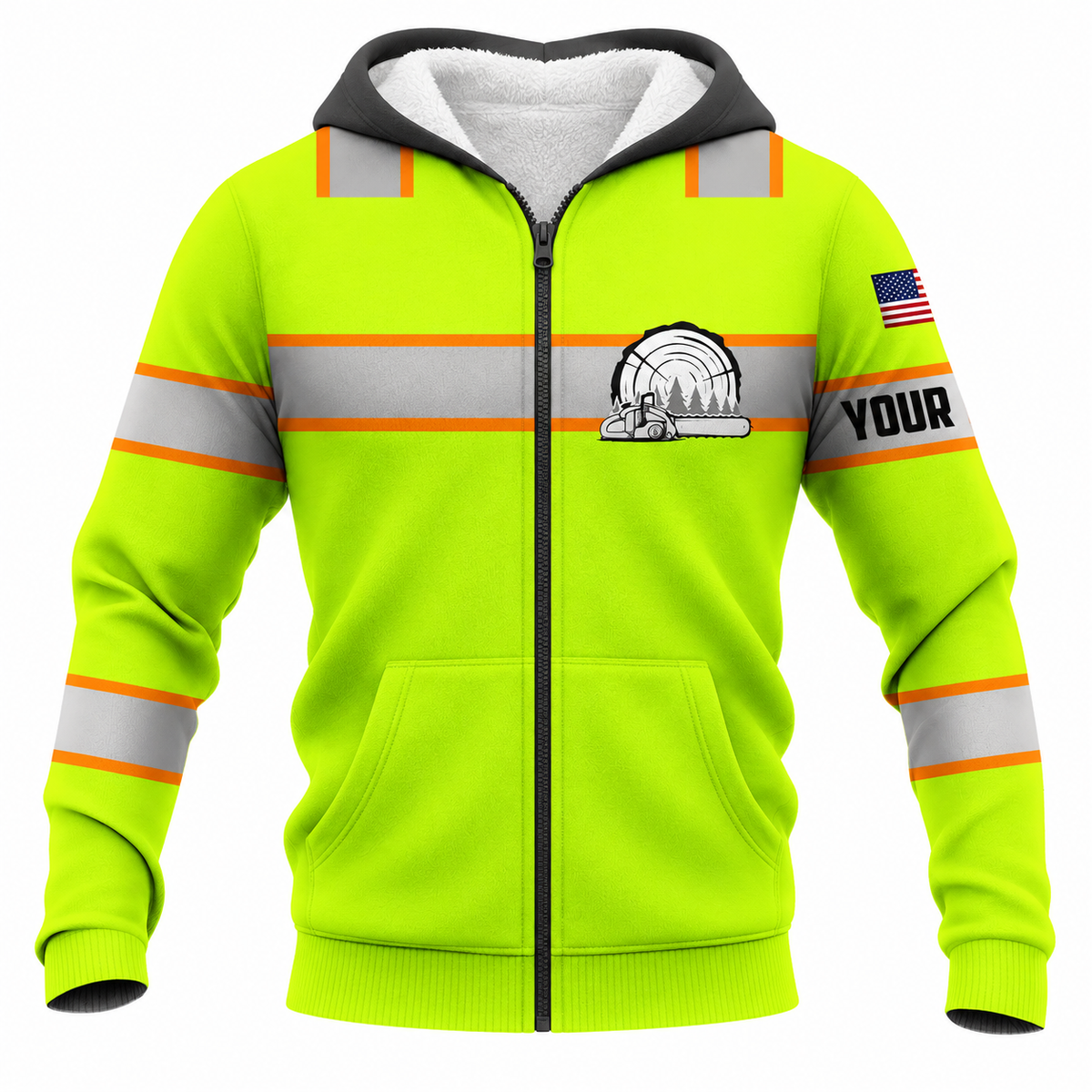 Personalized Logger Hoodie & T-Shirt - Neon Yellow Orange Stripe Logger Badge – Fleece Zip Hoodie, front view