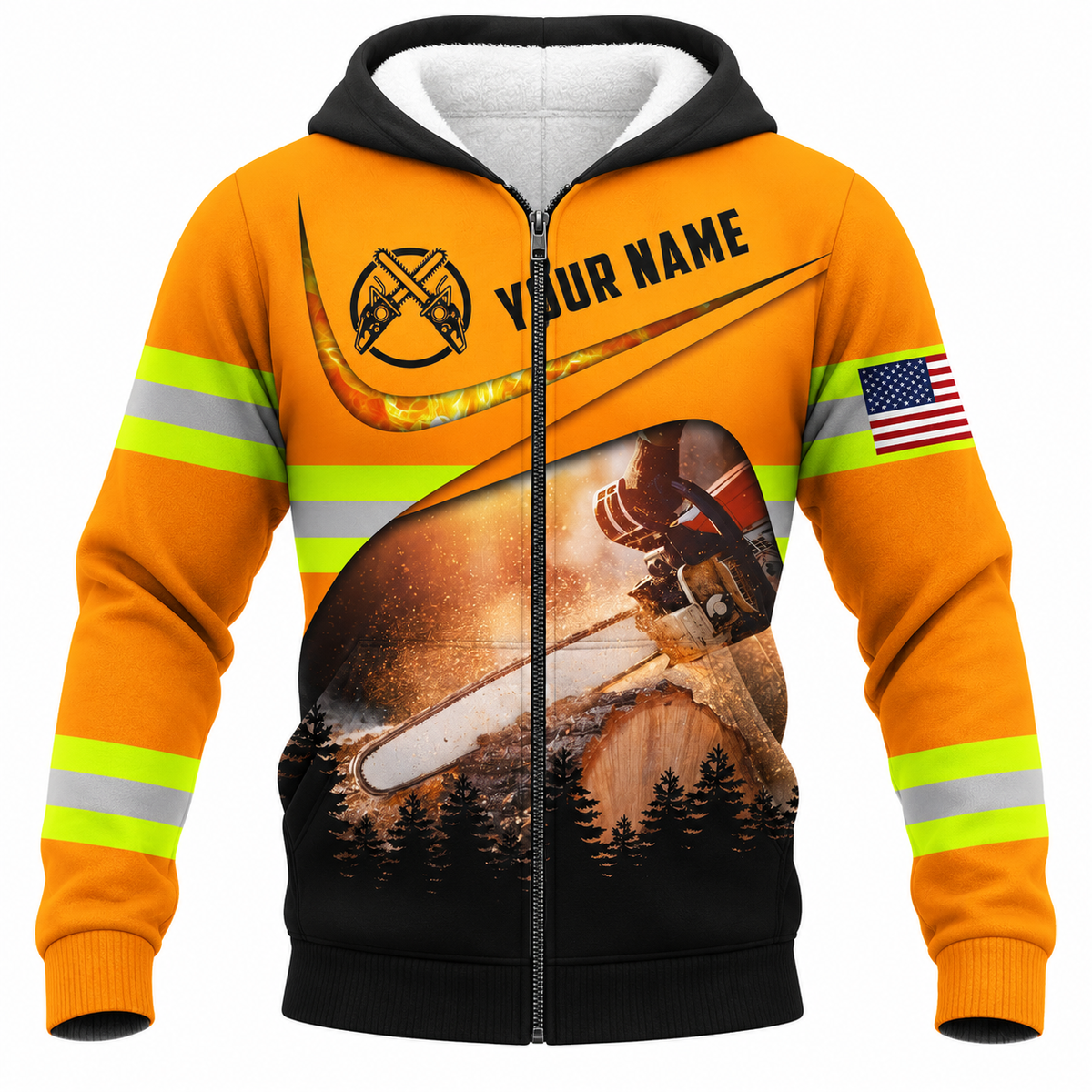 Personalized Logger Hoodie & T-Shirt - Orange Forest Chainsaw Scene – Fleece Zip Hoodie, front view