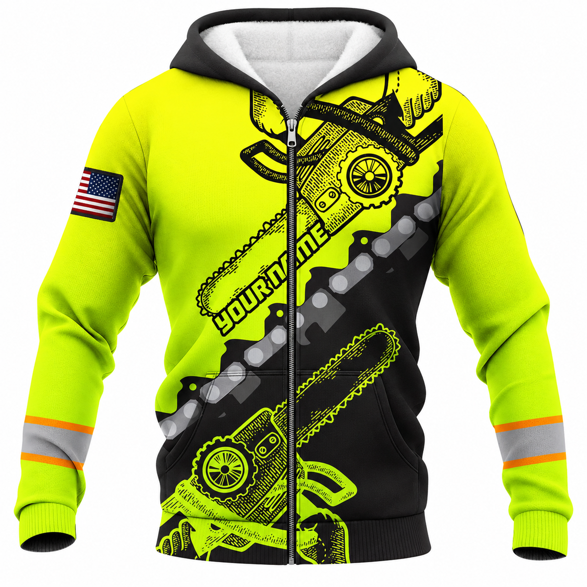 Personalized Logger Hoodie & T-Shirt - Neon Yellow Black Chainsaw Chain – Fleece Zip Hoodie, front view