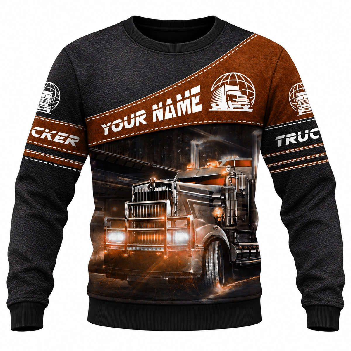Personalized Trucker Hoodie & T-Shirt - Brown Diagonal Panel Semi Truck – Sweatshirt, front view