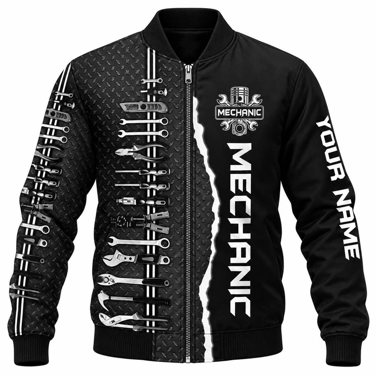 Personalized Mechanic Hoodie & T-Shirt - Black And White Wrench Print – Bomber Jacket, front view