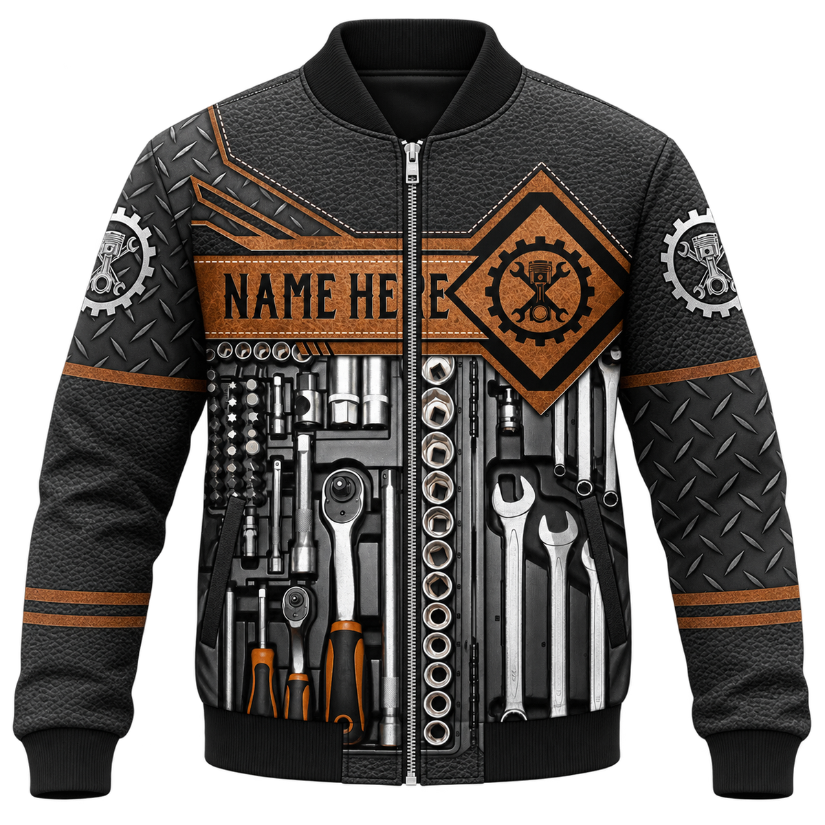 Personalized Mechanic Hoodie & T-Shirt - Brown Tool Box Print – Bomber Jacket, front view