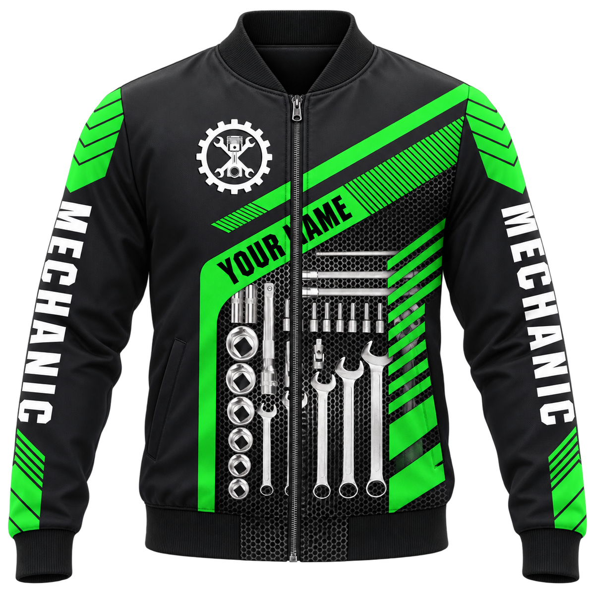 Personalized Mechanic Hoodie & T-Shirt - Green Tool Box Print – Bomber Jacket, front view
