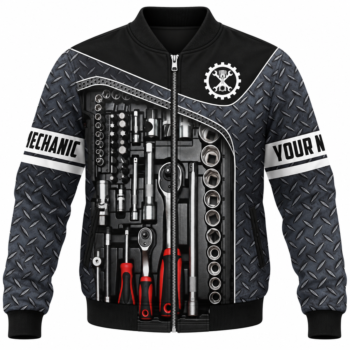 Personalized Mechanic Hoodie & T-Shirt - Diamond Plate Tool Print – Bomber Jacket, front view