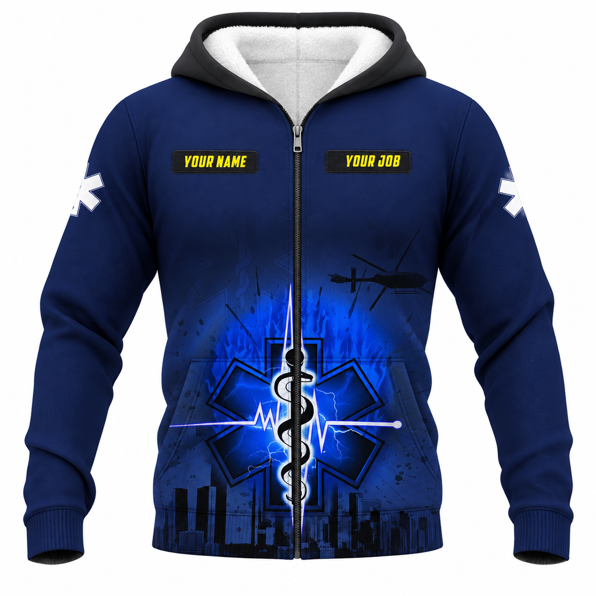 Personalized EMS Paramedic Hoodie & T-Shirt - Navy Star Of Life City Print – Fleece Zip Hoodie, front view