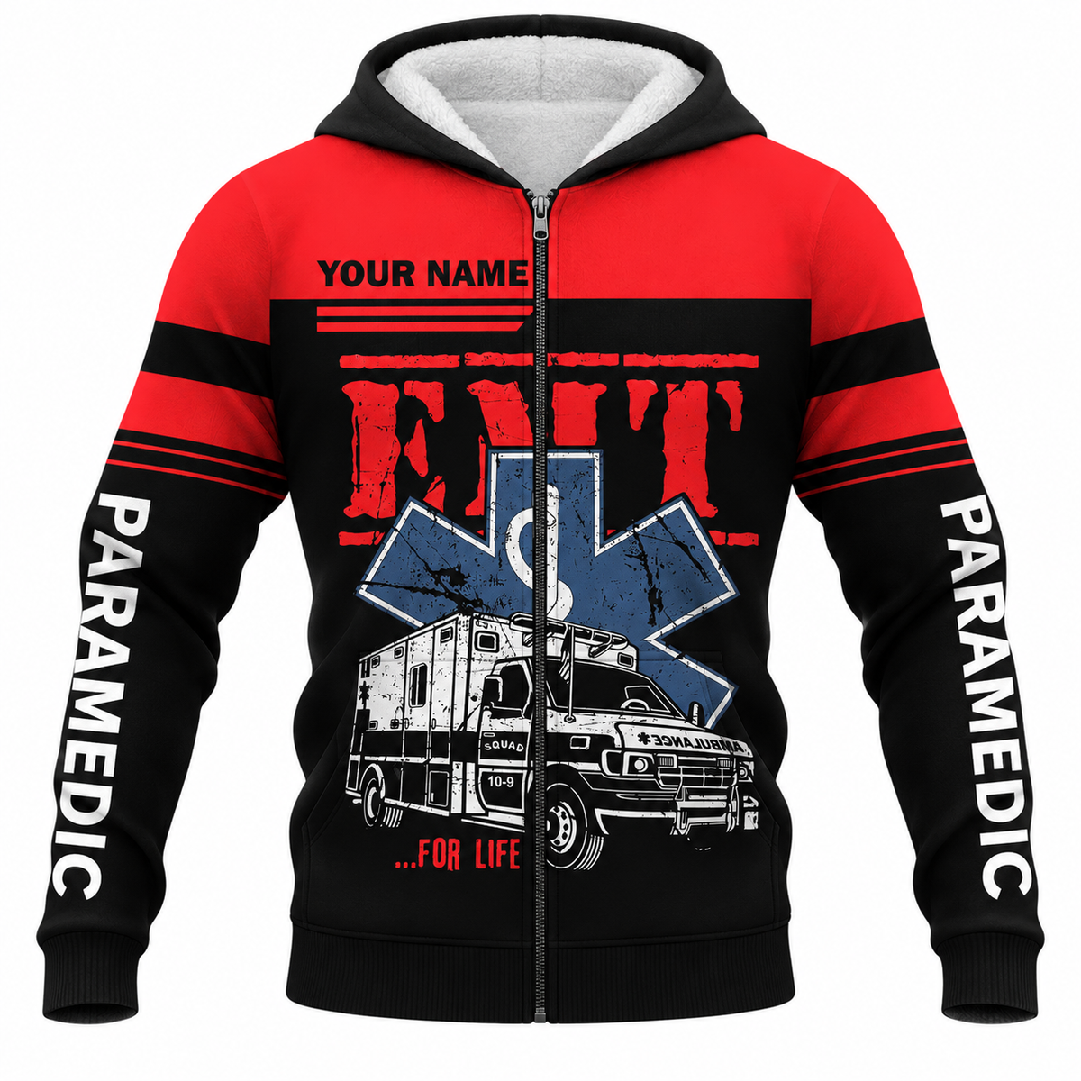 Personalized EMS Paramedic Hoodie & T-Shirt - Red EMT Ambulance Print – Fleece Zip Hoodie, front view