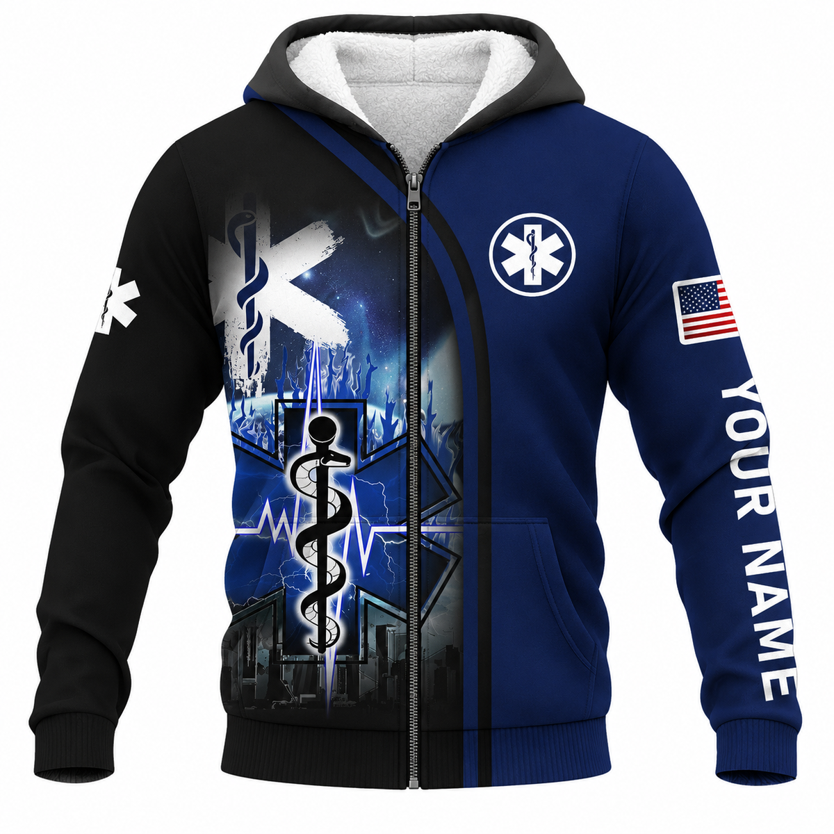 Personalized EMS Paramedic Hoodie & T-Shirt - Blue Star Of Life Cityscape – Fleece Zip Hoodie, front view