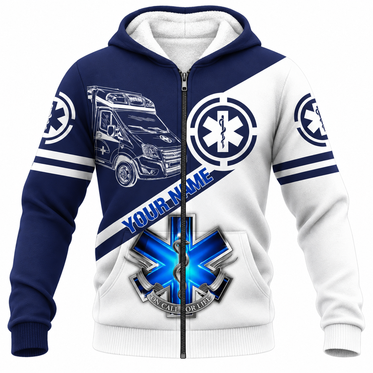 Personalized EMS Paramedic Hoodie & T-Shirt - Blue And White Ambulance Print – Fleece Zip Hoodie, front view