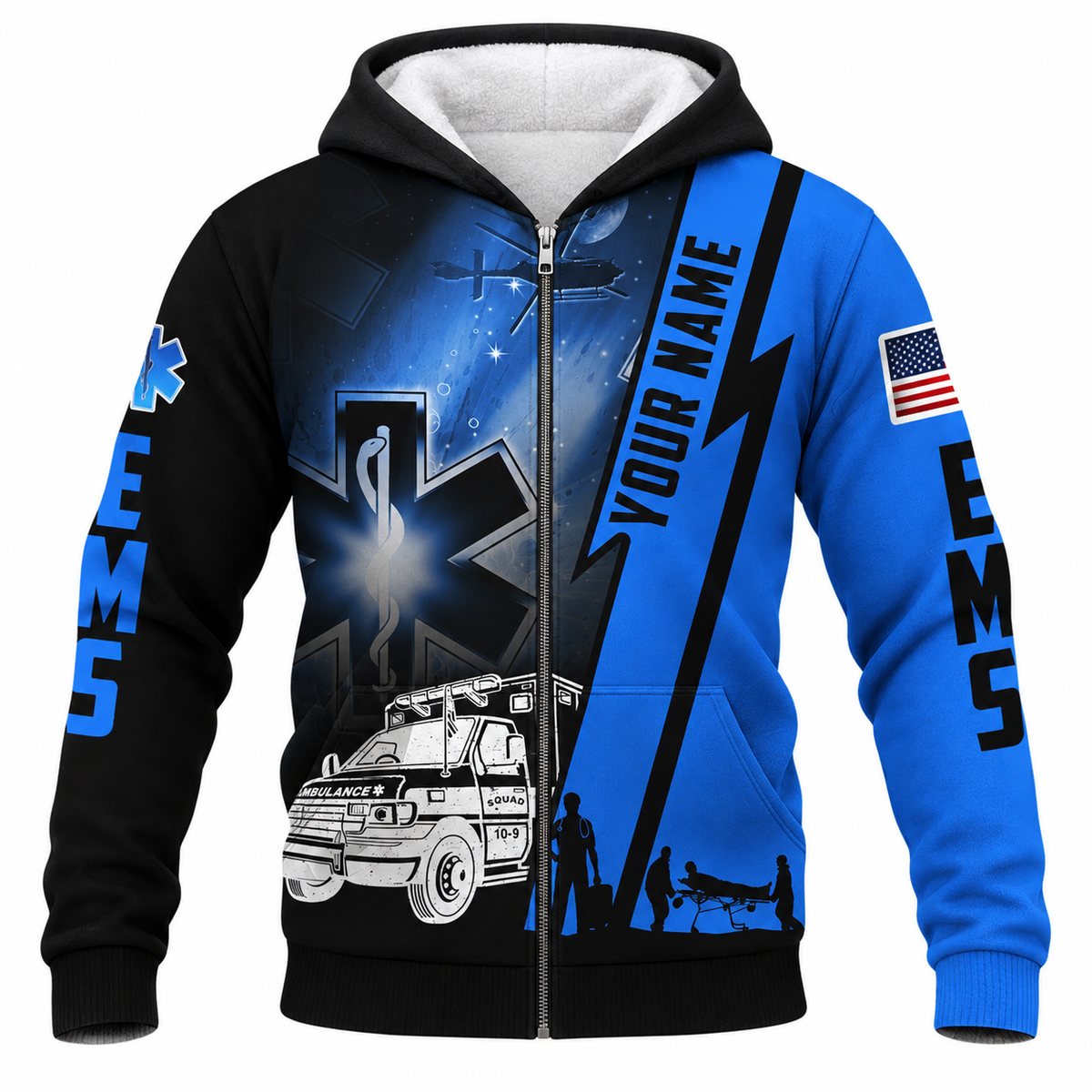 Personalized EMS Paramedic Hoodie & T-Shirt - Blue EMS Ambulance Print – Fleece Zip Hoodie, front view