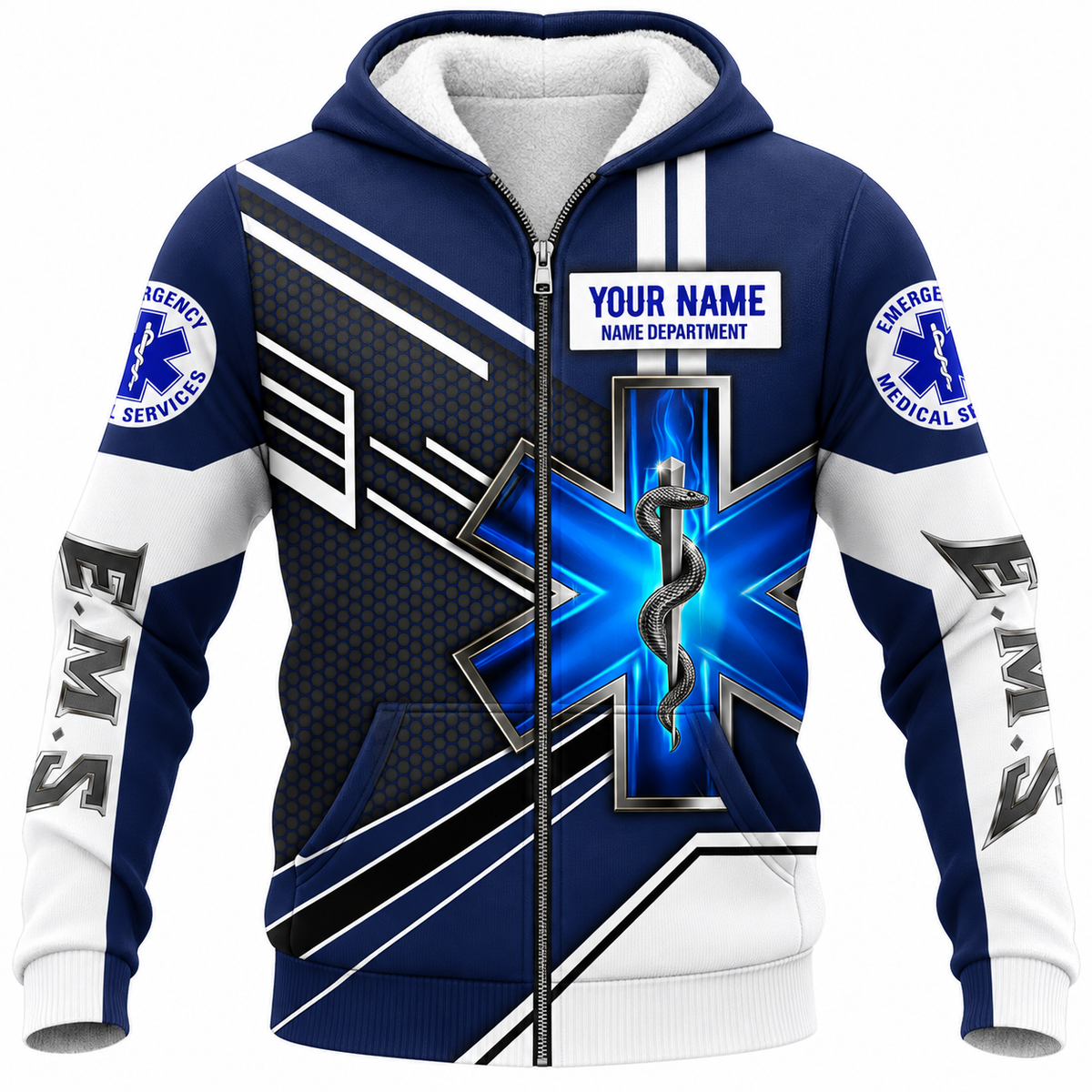 Personalized EMS Paramedic Hoodie & T-Shirt - Navy And White EMS Emblem – Fleece Zip Hoodie, front view