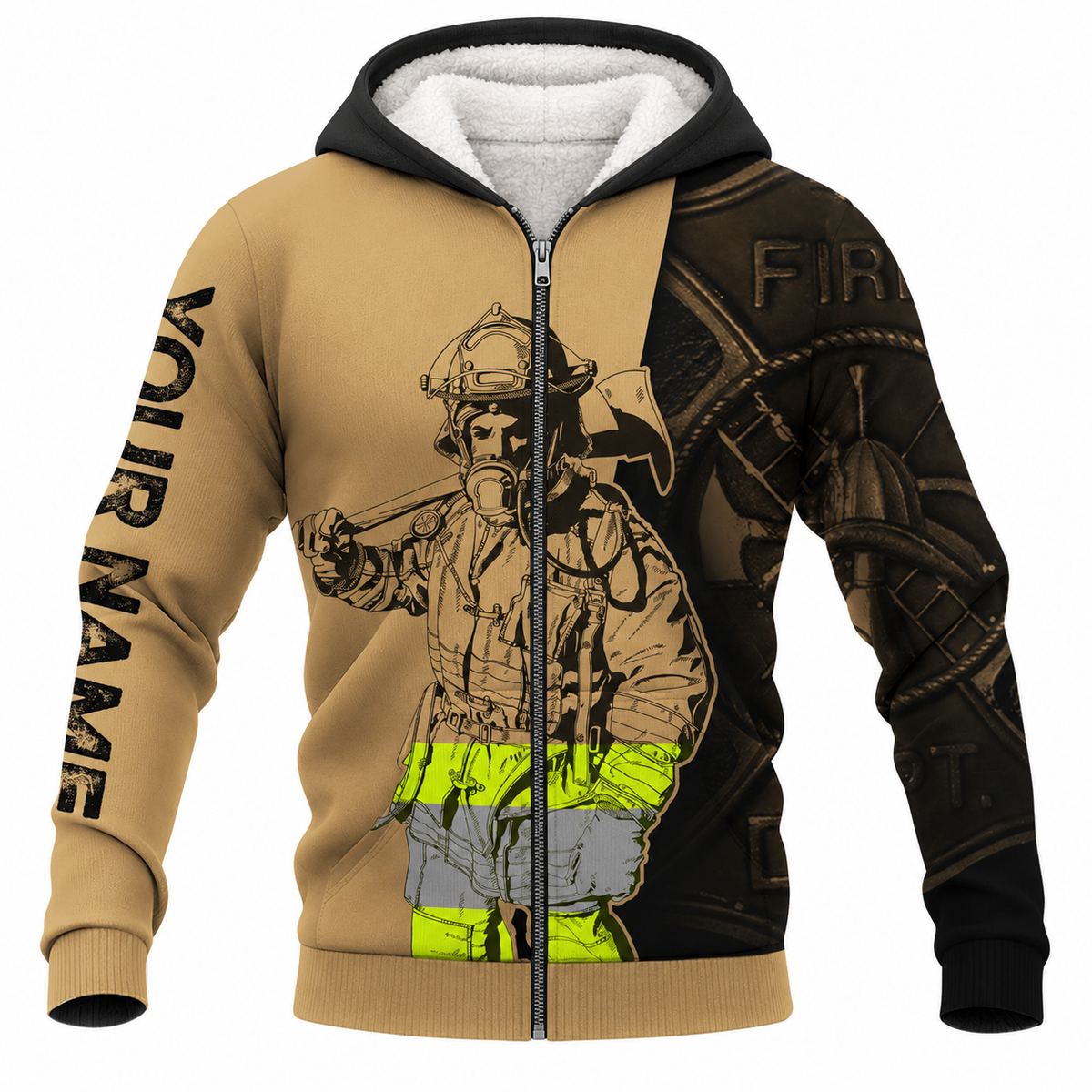 Personalized Firefighter Hoodie & T-Shirt - Tan Firefighter Illustration – Fleece Zip Hoodie, front view