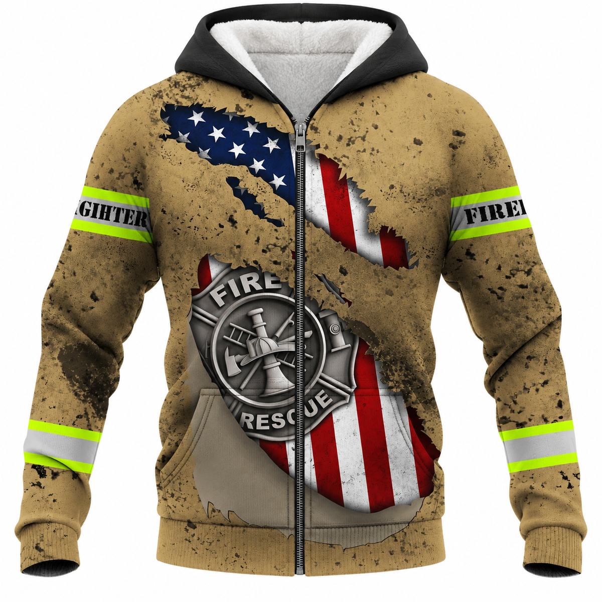 Personalized Firefighter Hoodie & T-Shirt - Tan Fire Rescue Flag Print – Fleece Zip Hoodie, front view