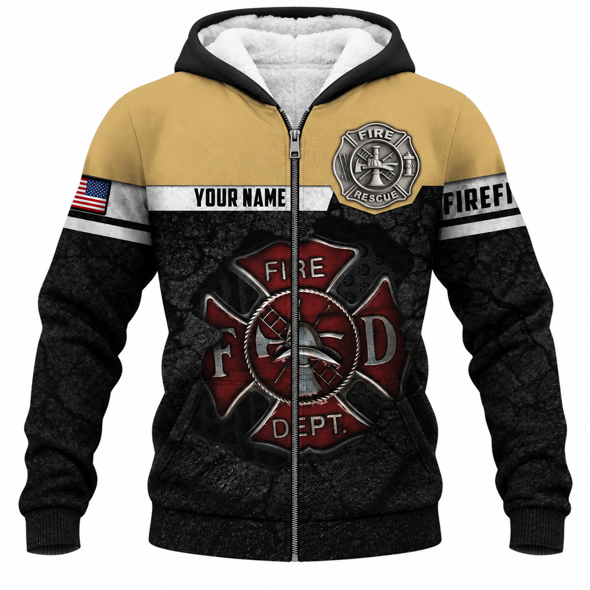 Personalized Firefighter Hoodie & T-Shirt - Tan And Black Fire Department – Fleece Zip Hoodie, front view