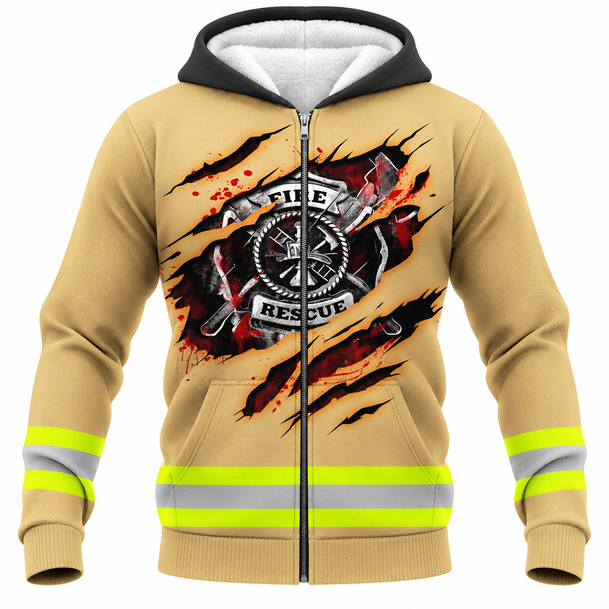 Personalized Firefighter Hoodie & T-Shirt - Yellow Stripe Fire Rescue Print – Fleece Zip Hoodie, front view